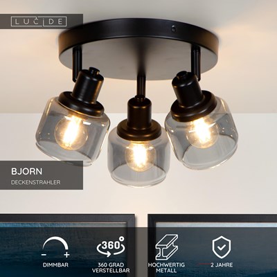 Lucide BJORN - Deckenstrahler - Ø 38 cm - 3xE14 - Schwarz